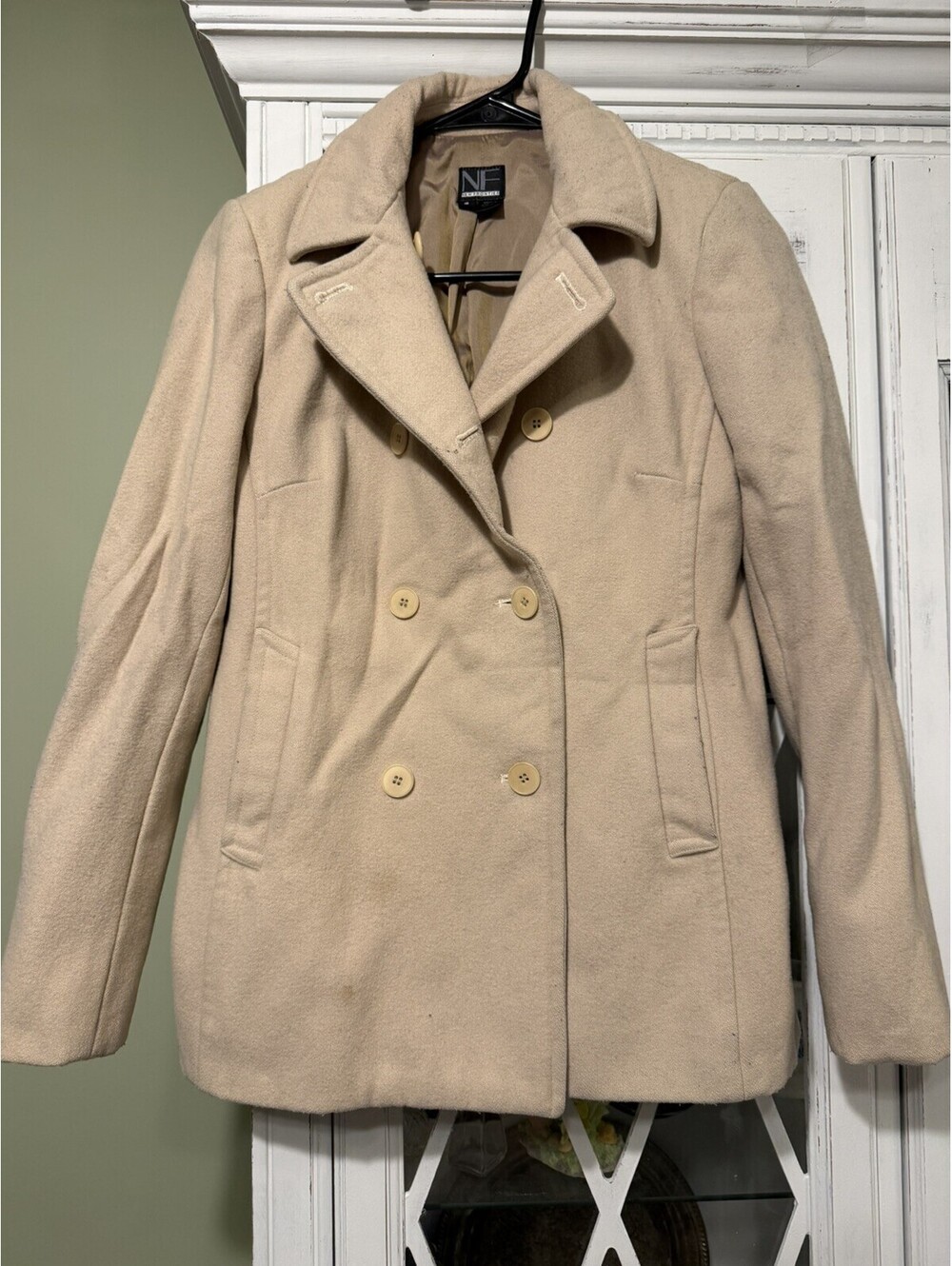 New Frontier Women Pea Coat Size 2 Beige 100% Wool Double Breasted Made in USA